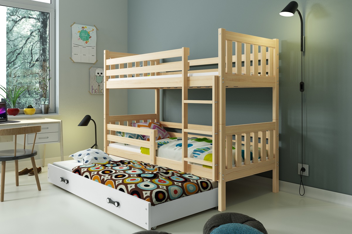BMS - CARINO łóżko piętrowe 3-osobowe z materacem i szufladą 190x80