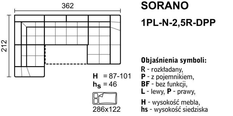 Meblomak - SORANO Narożnik 1PL-N-2,5R-OTPP lub OTPL-2,5R-N-1PP z funkcją spania i pojemnikiem .