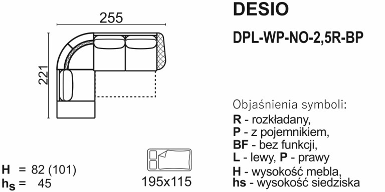 Meblomak - DESIO Narożnik DPL-WP-NO-2,5R-BP lub BL-2,5R-NO-WP-DPP z funkcją spania i pojemnikiem.