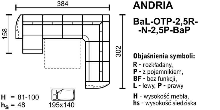 Meblomak - ANDRIA Narożnik BaL-OTP-2,5R-N-2,5P-BaP z funkcją spania.