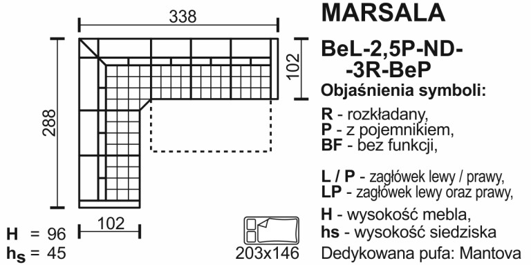 Meblomak - MARSALA Narożnik BeL-2,5P-ND-3R-BeP lub BeP-3R-ND-2,5P-BeL z funkcją spania i pojemnikiem na pościel.