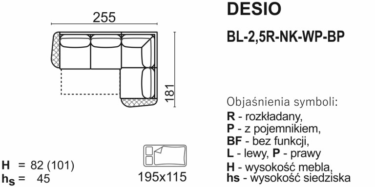 Meblomak - DESIO Narożnik BL-2,5R-NK-WP-BP lub BL-WP-NK-2,5R-BP z funkcją spania .