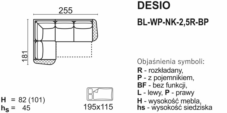 Meblomak - DESIO Narożnik BL-2,5R-NK-WP-BP lub BL-WP-NK-2,5R-BP z funkcją spania .