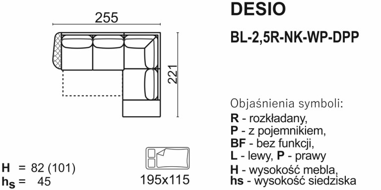 Meblomak - DESIO Narożnik DPL-WP-NK-2,5R-BP lub BL-2,5R-NK-WP-DPP z funkcją spania i pojemnikiem .