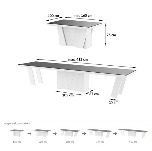 HUBERTUS - GRANDE Stół 160-412x100 | Marmur | Venatino Dark Mat | Biały połysk