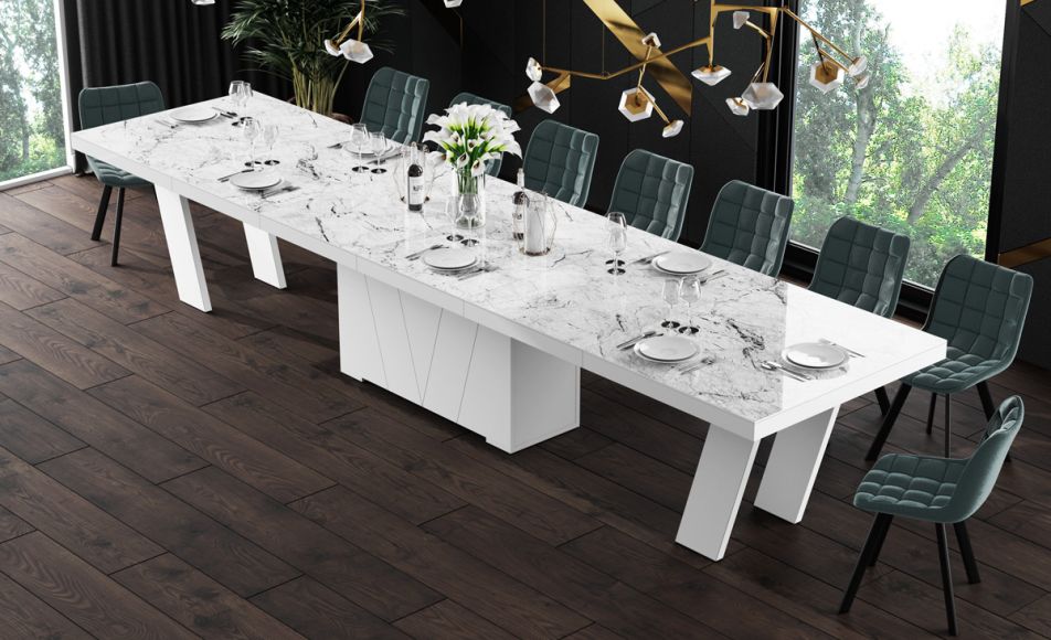 HUBERTUS - GRANDE Stół 160-412x100 | Marmur | Venatino White HG | Biały połysk