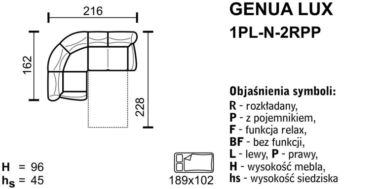 Meblomak - GENUA LUX Narożnik 2RPL-N-1PP lub 1PL-N-2RPP z funkcją spania i pojemnikiem.