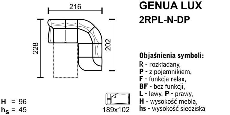 Meblomak - GENUA LUX Narożnik 2RPL-N-DP lub DL-N-2RPP z funkcją spania i pojemnikiem.