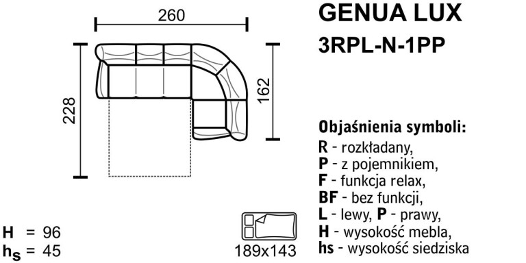 Meblomak - GENUA LUX Narożnik 3RPL-N-1PP lub 1PL-N-3RPP z funkcją spania i pojemnikiem .