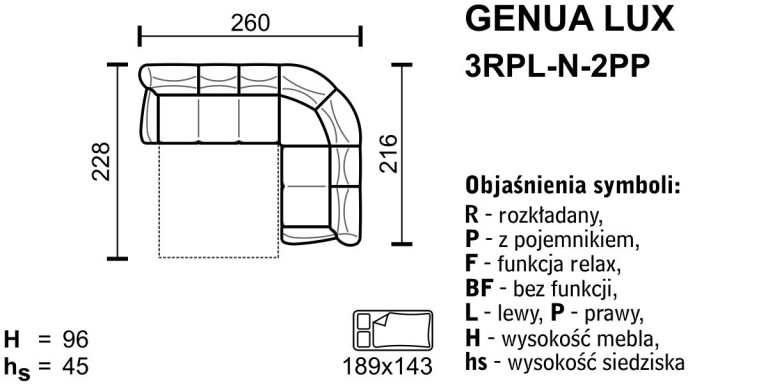 Meblomak - GENUA LUX Narożnik 3RPL-N-2PP lub 2PL-N-3RPP z funkcją spania i pojemnikiem.