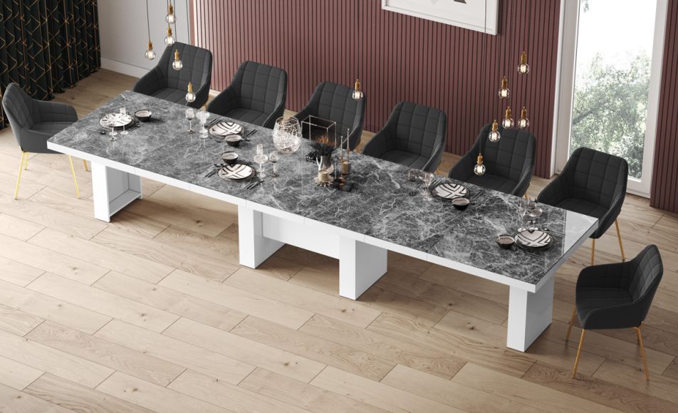 HUBERTUS - LARGO Stół 160-400x89 | Marmur | Venatino Dark Mat | Biały połysk