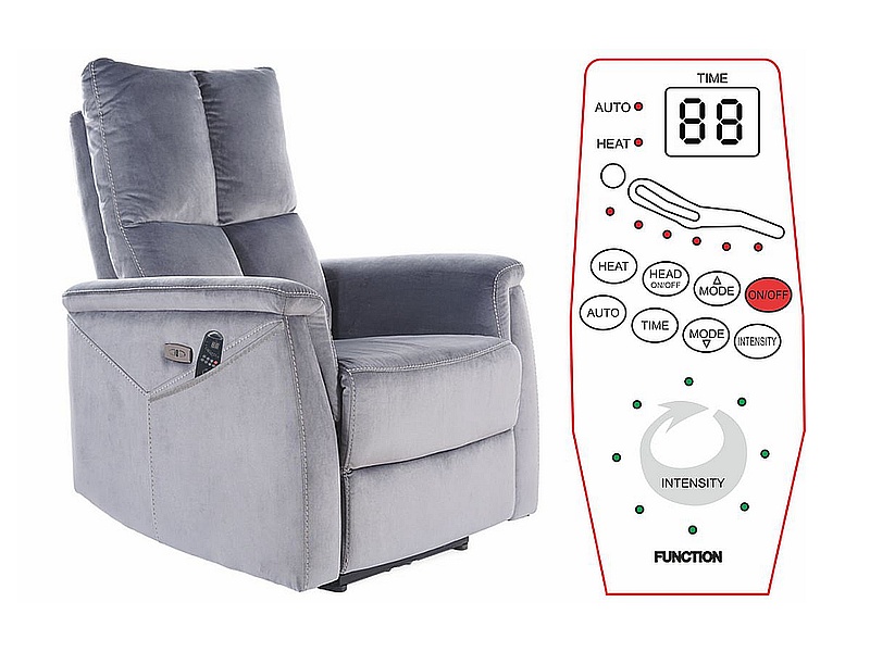 SIGNAL - NEPTUN M Velvet Fotel rozkładany elektrycznie z funkcją masażu | Tkanina | Szary Bluvel 14 | z MR