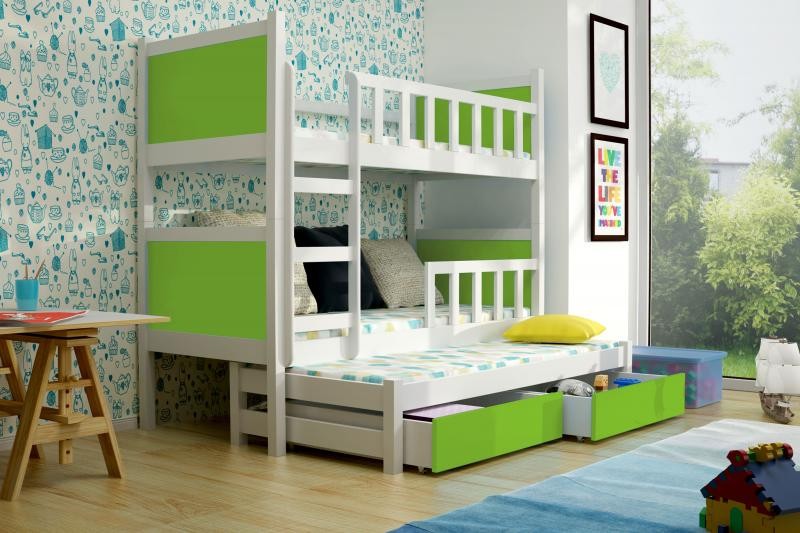Chojmex - PINOKIO 3 Łóżko dziecięce piętrowe 3-osobowe z materacem i pojemnikami / kolor: Biały