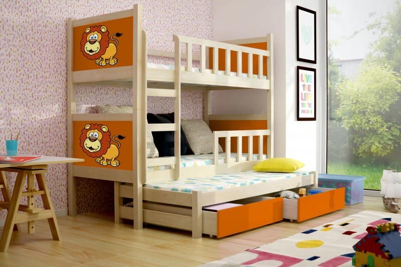 Chojmex - PINOKIO 3 Łóżko dziecięce piętrowe 3-osobowe z materacem i pojemnikami / kolor: Sosna