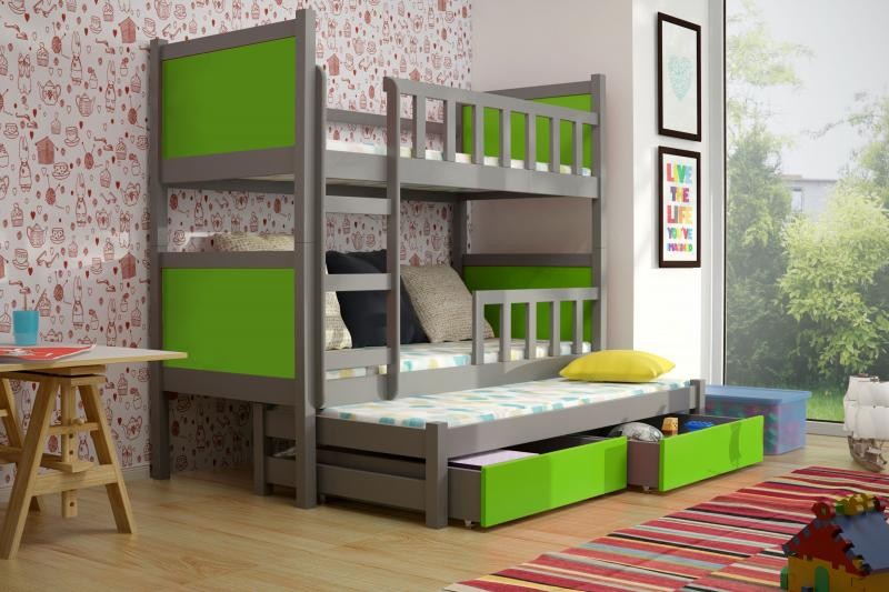 Chojmex - PINOKIO 3 Łóżko dziecięce piętrowe 3-osobowe z materacem i pojemnikami / kolor: Grafit