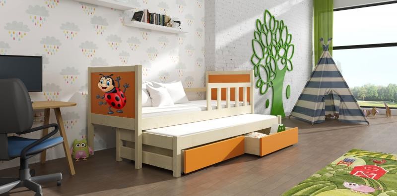 Chojmex - PINOKIO 4 Łóżko dziecięce parterowe 2-osobowe z materacem i pojemnikami / kolor: Sosna