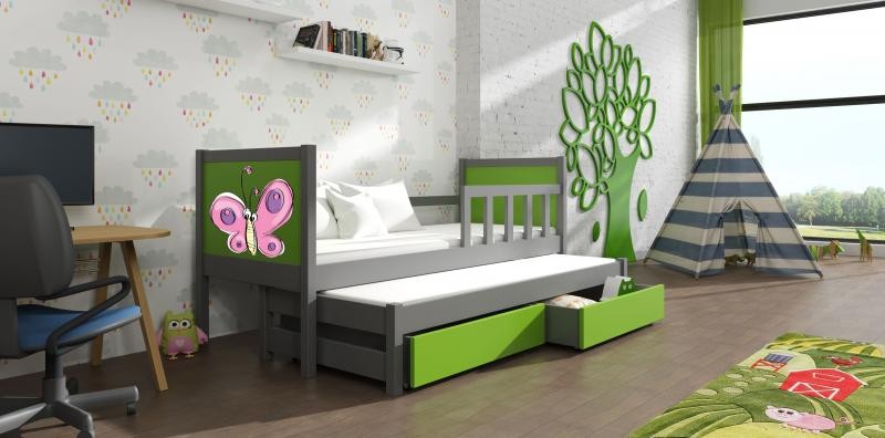Chojmex - PINOKIO 4 Łóżko dziecięce parterowe 2-osobowe z materacem i pojemnikami / kolor: Grafit
