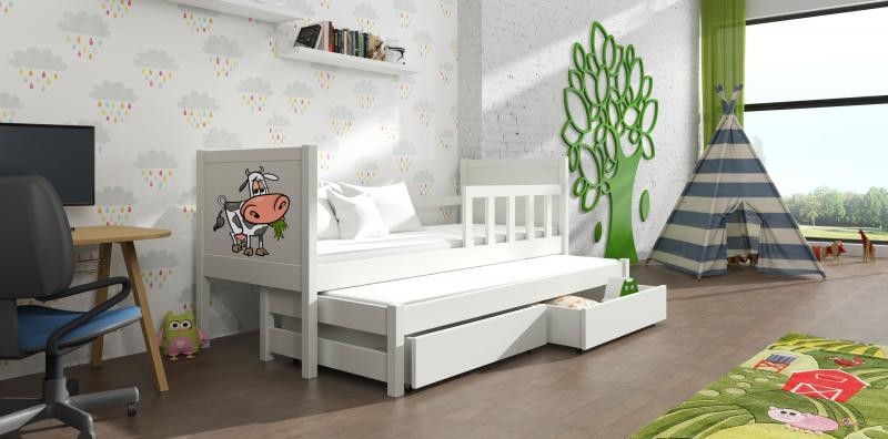 Chojmex - PINOKIO 4 Łóżko dziecięce parterowe 2-osobowe z materacem i pojemnikami / kolor: Biały