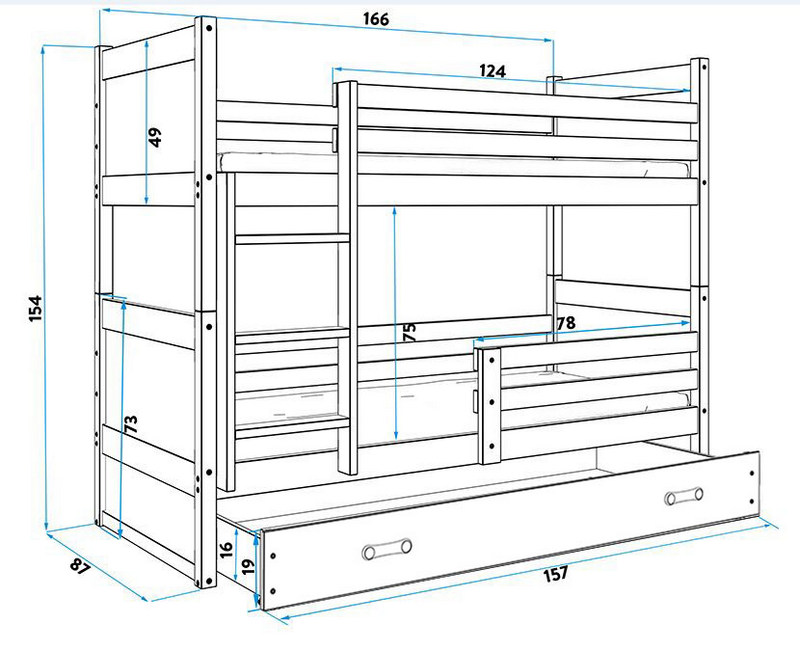 BMS - RICO Łóżko piętrowe 2-osobowe z szufladą 80x160 cm / Rama kolor: Biały