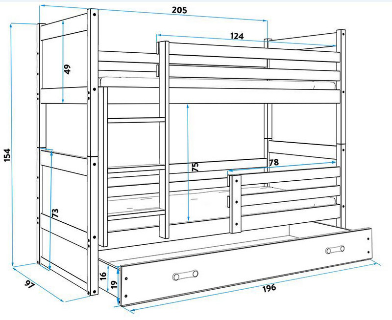 BMS - RICO Łóżko piętrowe 2-osobowe z szufladą 90x200 cm / Rama kolor: Biały