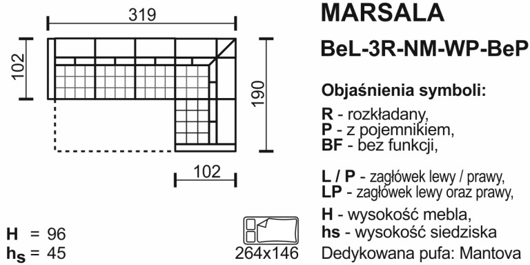 Meblomak - MARSALA Narożnik BeL-3R-NM-WP-BeP lub BeP-3R-NM-WP-BeL z funkcją spania i pojemnikiem na pościel .