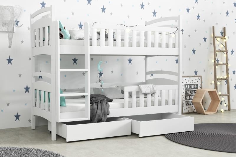 Chojmex - WOX 5 Łóżko dziecięce piętrowe 2-osobowe z materacem i pojemnikami / kolor: Biały