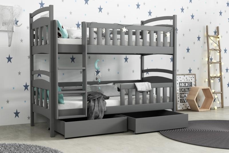 Chojmex - WOX 5 Łóżko dziecięce piętrowe 2-osobowe z materacem i pojemnikami / kolor: Grafit