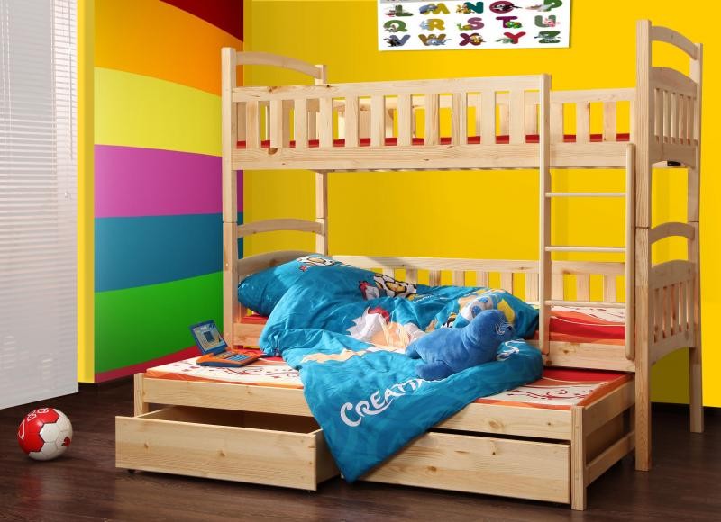 Chojmex - WOX 7 Łóżko dziecięce piętrowe 3-osobowe z materacem i pojemnikami / kolor: Sosna