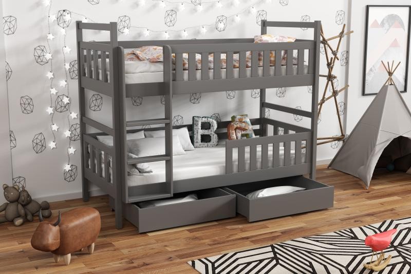 Chojmex - WOX 8 Łóżko dziecięce piętrowe 2-osobowe z materacem i pojemnikami / kolor: Grafit