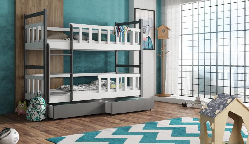 Chojmex - WOX 9 Łóżko dziecięce piętrowe 2-osobowe z materacem i pojemnikami / kolor: Grafitowo-Biały