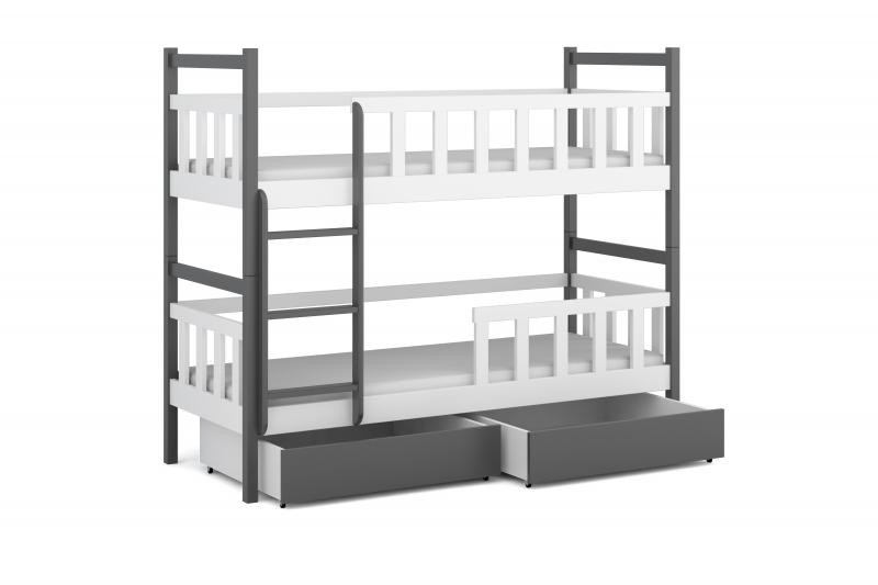 Chojmex - WOX 9 Łóżko dziecięce piętrowe 2-osobowe z materacem i pojemnikami / kolor: Grafitowo-Biały