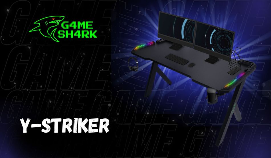 GAME SHARK - ZONE Biurko Gamingowe Czarne | Duży wytrzymały blat | Oświetlenie LED