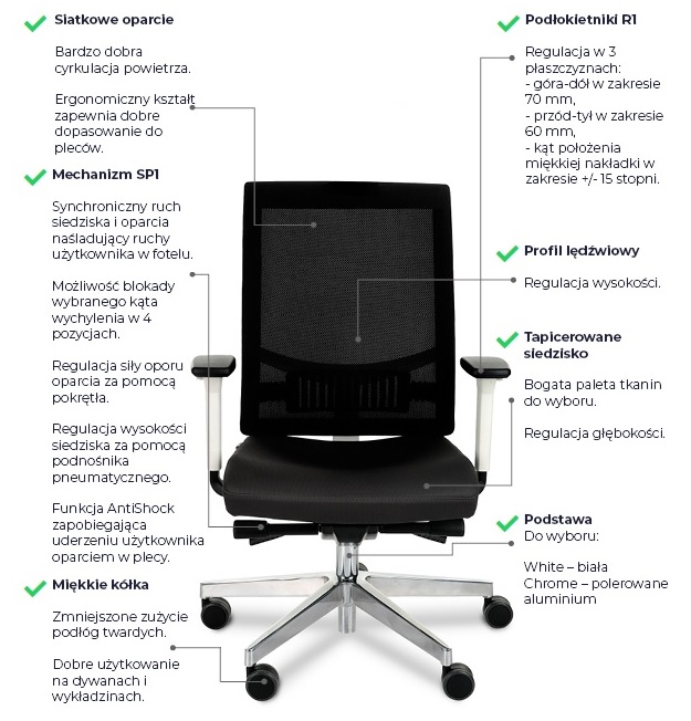 GROSPOL - LEVEL Fotel Obrotowy WS Chrom / White | Mechanizm Synchro Plus SP1 - Synchro z Regulacją Głębokości | Podłokietniki 3D | Zgodny z Rozporządzeniem z 2023 roku