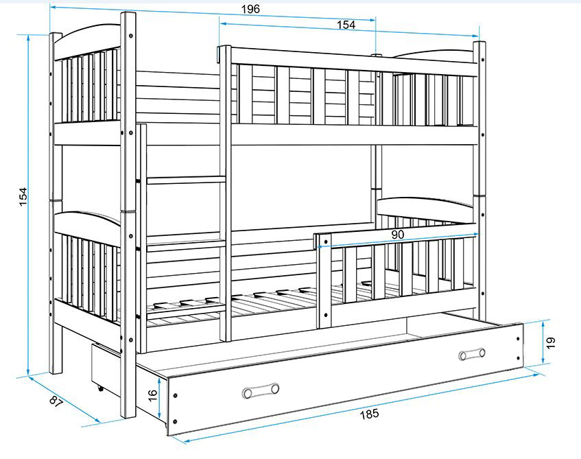 BMS - KUBUŚ Łóżko piętrowe 2-osobowe z szufladą 80x190 cm / Rama kolor: Grafit