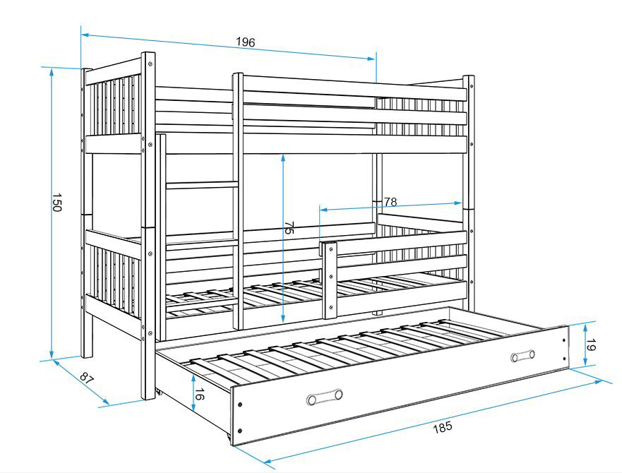 BMS - CARINO łóżko piętrowe 3-osobowe z materacem i szufladą 190x80