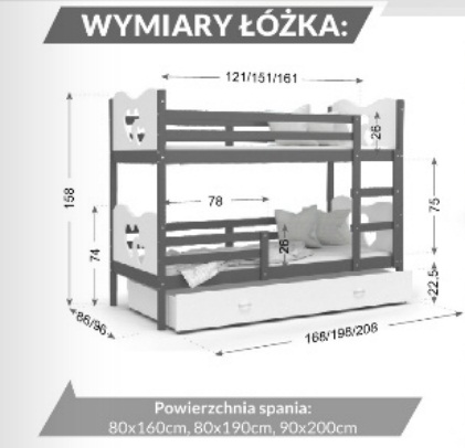 AJK meble - MAX Łóżko Piętrowe 2-osobowe z Szufladą 190x80cm