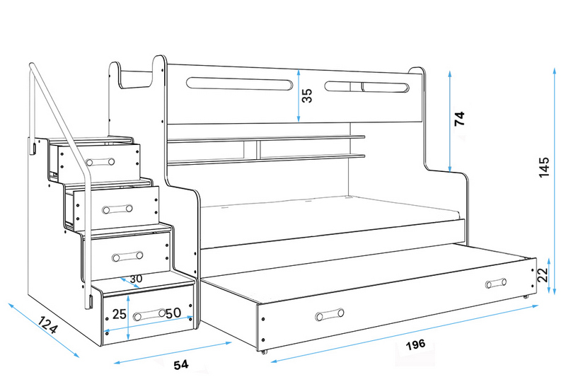 BMS - MAX 3 Łóżko piętrowe 3-osobowe z dodatkowym spaniem w szufladzie 80x200 cm / Rama kolor: Biały