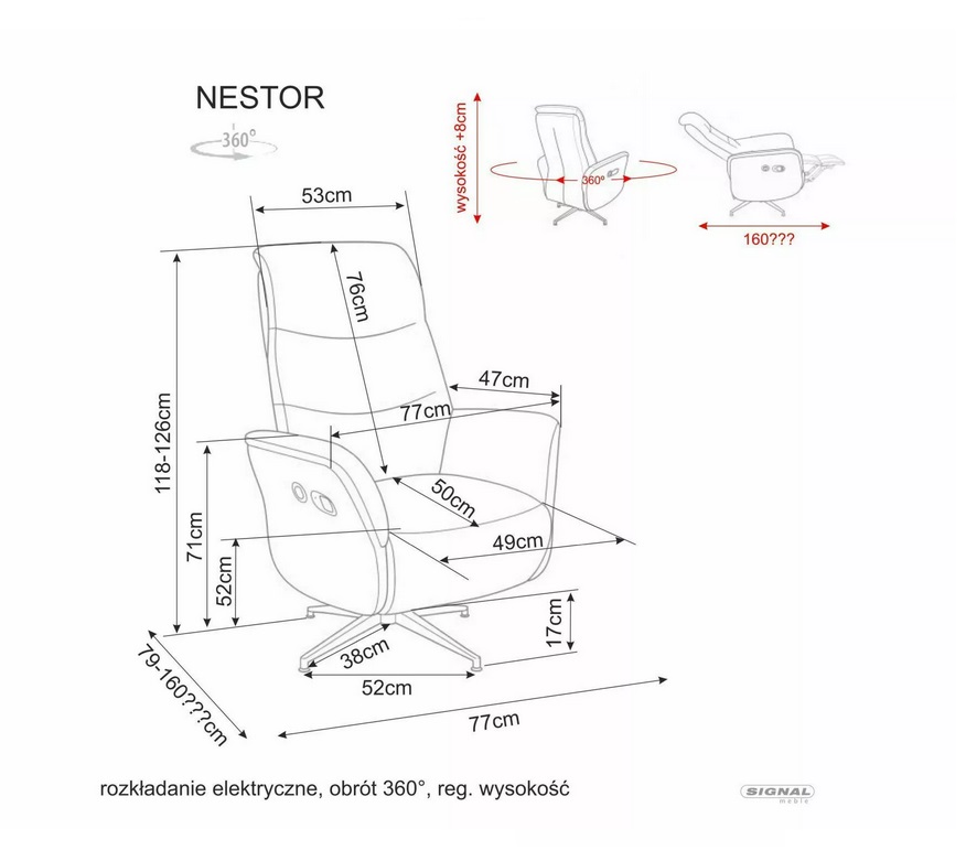 SIGNAL - NESTOR RAVEN Fotel rozkładany elektrycznie | Tkanina Raven 45 Cappuccino | z MR