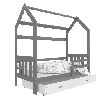 AJK meble - DOMEK 2 Łóżko parterowe 1-osobowe 160x80cm z materacem, kolor: Szary