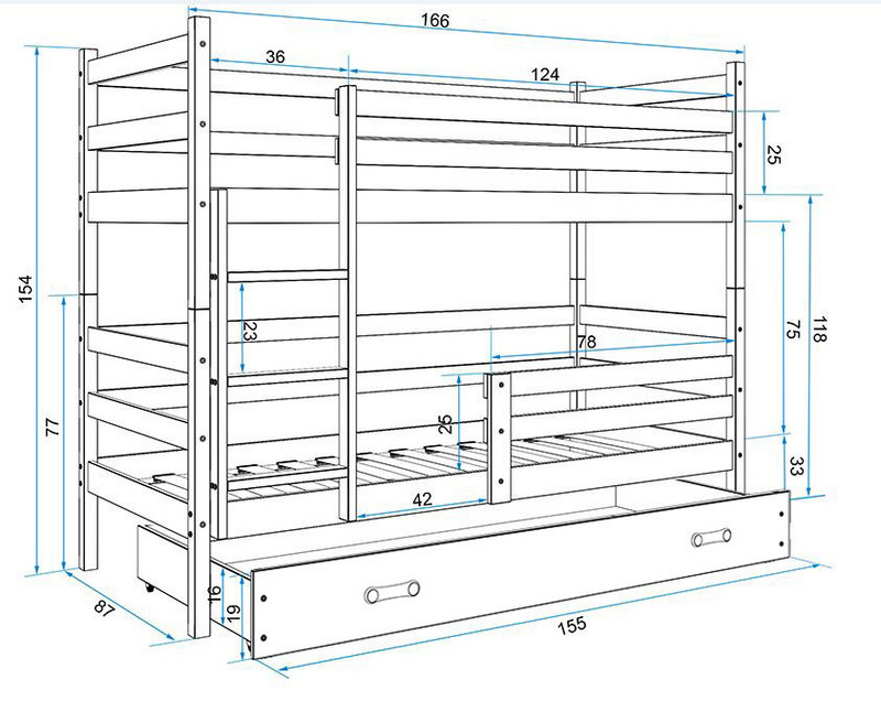 BMS - ERYK Łóżko piętrowe 2-osobowe z szufladą 80x160 cm / Rama kolor: Grafit