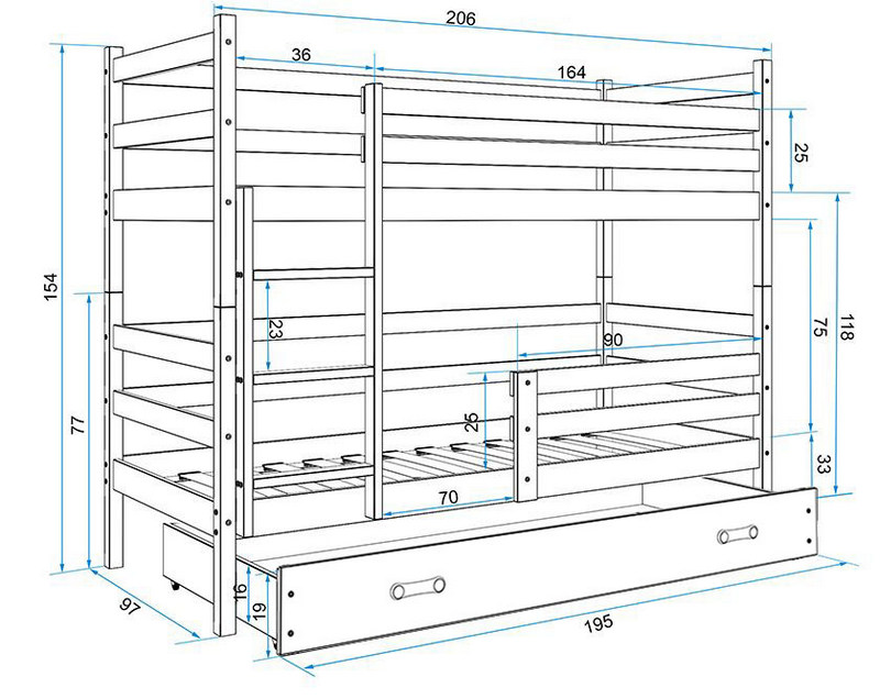 BMS - ERYK Łóżko piętrowe 2-osobowe z szufladą 90x200 cm / Rama kolor: Biały