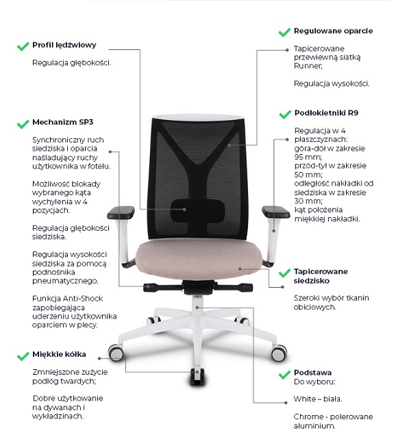 GROSPOL - VALIO Fotel Obrotowy WS White / Chrome | Mechanizm Synchro Plus SP3 | Regulowana Głębokość Siedziska i Profil Lędźwiowy | Zgodny z Rozporządzeniem z 2023 roku